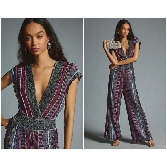 💕ANTHROPOLOGIE💕 Cecilia Prado Striped Deep-V Wide leg Jumpsuit XS NWT - Picture 1 of 14